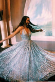 A-line V neck Silver Long Prom Dresses Shiny Evening Party Dresses HZ0527
