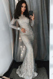 Mermaid Bateau Sliver Lace Long Sleeves Evening Prom Dress with Sequins HZ0527