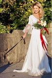 A-Line V-Neck V Back 3/4 Sleeves Satin Boho Wedding Dress with Lace HZ0527