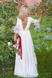 A-Line V-Neck V Back 3/4 Sleeves Satin Boho Wedding Dress with Lace HZ0527