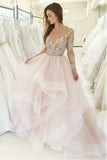 Princess A-Line Bateau Long Sleeves Pink Wedding Dress with Appliques HZ0527