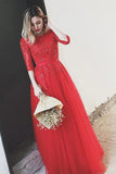 Red Bateau Floor-length Appliques Half Sleeves Long Prom Dress Evening Dress HZ0527