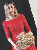 Red Bateau Floor-length Appliques Half Sleeves Long Prom Dress Evening Dress HZ0527