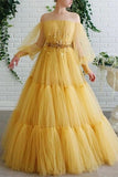 A-line Off-the-shoulder Yellow Tulle Long Prom Dresses Evening Dress HZ0527