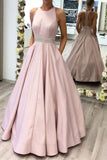 A Line Pink Beading Satin Long Prom Dress With Pockets HZ0527