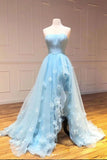 Sky Blue Strapless Tulle Long Prom Dress A Line Evening Dress With Slit HZ0527