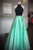 High Neck Two Piece Black And Mint Green Beads Long Prom Dress HZ0527
