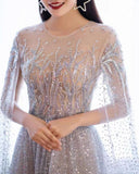 A-line Round Beaded Long Prom Dresses Charming Formal Gowns HZ0527