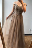 A-line Off-the-shoulder Beaded Long Prom Dresses Brown Evening Gowns HZ0527