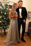 Popular V-Neck Long Silver Prom Dress with Beading Sequin Evening Dress HZ0527