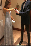 Popular V-Neck Long Silver Prom Dress with Beading Sequin Evening Dress HZ0527