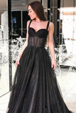 A-Line Spaghetti Straps Long Prom Dress Sleeveless Black Evening Dress HZ0527