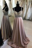 Cheap Beaded Long A Line V-Neck Satin Spaghetti Strap Prom Dresses HZ0527