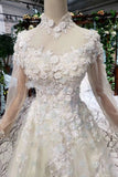 Prom Dresses Tulle High Neck Long Sleeves Handmade Flowers HZ0527