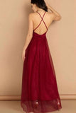 A Line V Neck Spaghetti Straps Long Chiffon Burgundy Prom Dress HZ0527