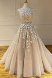 A-line Scoop Lace Appliques Long Prom Dresses Cheap Evening Dress HZ0527