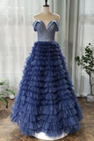 A-line Off-the-shoulder Royal Blue Long Prom Dresses Tulle Evening Dress HZ0527