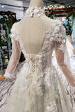 Prom Dresses Tulle High Neck Long Sleeves Handmade Flowers HZ0527