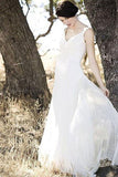 A-line V-neck Ivory Chiffon Floor Length Sleevesless Simple Beach Wedding Dresses HZ0527