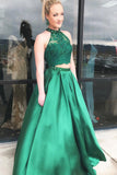 Two Pieces Halter A Line Satin Green Long Prom Dresses With Beads HZ0527