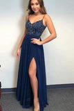 A-line Spaghetti Straps Dark Blue Chiffon Long Prom Dresses Beaded Evening Dress HZ0527