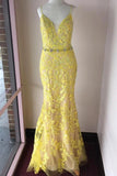 Trumpet/Mermaid Spaghetti Straps Lace Yellow Long Elegant Prom Dresses Evening Dress HZ0527