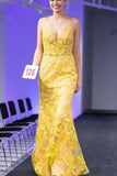Trumpet/Mermaid Spaghetti Straps Lace Yellow Long Elegant Prom Dresses Evening Dress HZ0527