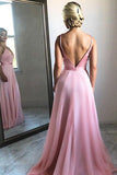 Flowing A-Line V-Neck Backless Pink Chiffon Long Prom Party Dress HZ0527