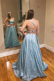 Promfast A-line Two Pieces Spaghetti Straps Sparkly Long Prom Dresses Evening Dress HZ0527
