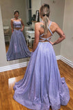 Promfast A-line Two Pieces Spaghetti Straps Sparkly Long Prom Dresses Evening Dress HZ0527