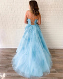 Promfast New Arrival A-line Spaghetti Straps Lace Appliques Long Blue Prom Dresses HZ0527