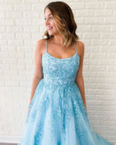 Promfast New Arrival A-line Spaghetti Straps Lace Appliques Long Blue Prom Dresses HZ0527