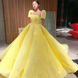 Promfast Ball Gown Sparkly Yellow Short Sleeves Prom Dresses Evening Dress HZ0527