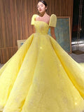 Promfast Ball Gown Sparkly Yellow Short Sleeves Prom Dresses Evening Dress HZ0527
