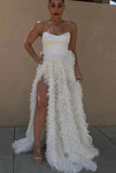 Promfast A-line Strapless White Tulle Ruffles Long Prom Dresses With Slit HZ0527