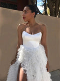Promfast A-line Strapless White Tulle Ruffles Long Prom Dresses With Slit HZ0527