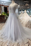 Long Sleeves V Neck Tulle A Line Sequins Prom Dresses HZ0527