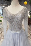 Long Sleeves V Neck Tulle A Line Sequins Prom Dresses HZ0527