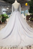 Long Sleeves V Neck Tulle A Line Sequins Prom Dresses HZ0527