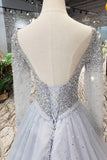 Long Sleeves V Neck Tulle A Line Sequins Prom Dresses HZ0527