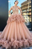 Ball Gown Scoop Ruffles Tulle Long Beautiful Beading Prom Dress,Quinceanera Dresses HZ0527