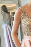 Promfast Sparkly Satin Pink Beaded Long Prom Dress with Open Back HZ0527