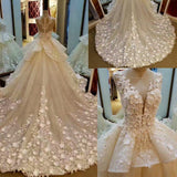 Princess Lace Appliqued Flowers Chapel Train Wedding Dresses,Pretty Bridal Gown HZ0527