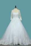 A Line 3/4 Sleeves Tulle Scoop Wedding Dresses With Applique HZ0527