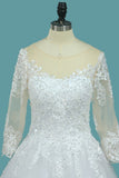 A Line 3/4 Sleeves Tulle Scoop Wedding Dresses With Applique HZ0527
