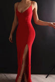 Sexy Mermaid Spaghetti Straps Red Side Slit Long Prom Dresses HZ0527