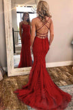 Burgundy Spaghetti Strap Mermaid Stunning Prom Dresses with Lace Appliques HZ0527