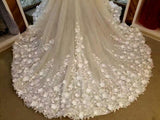 Princess Lace Appliqued Flowers Chapel Train Wedding Dresses,Pretty Bridal Gown HZ0527