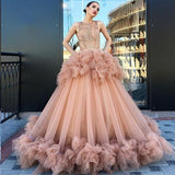 Ball Gown Scoop Ruffles Tulle Long Beautiful Beading Prom Dress,Quinceanera Dresses HZ0527