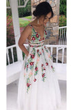 Charming V Neck Floral Embroidery Long Lace Prom Dress with Pocket HZ0527